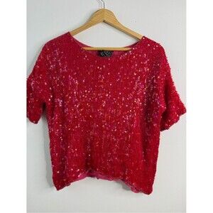 Joseph Le Bon Vintage Red Silk Sequin Beaded Blouse XL Party Evening Top